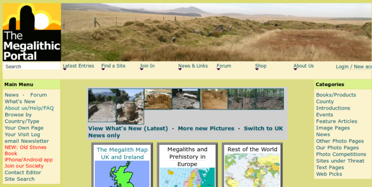 Screenshot of the Megalithic Portal homepage.