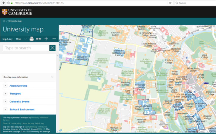 Cambridge university map using OpenStreetMap data.